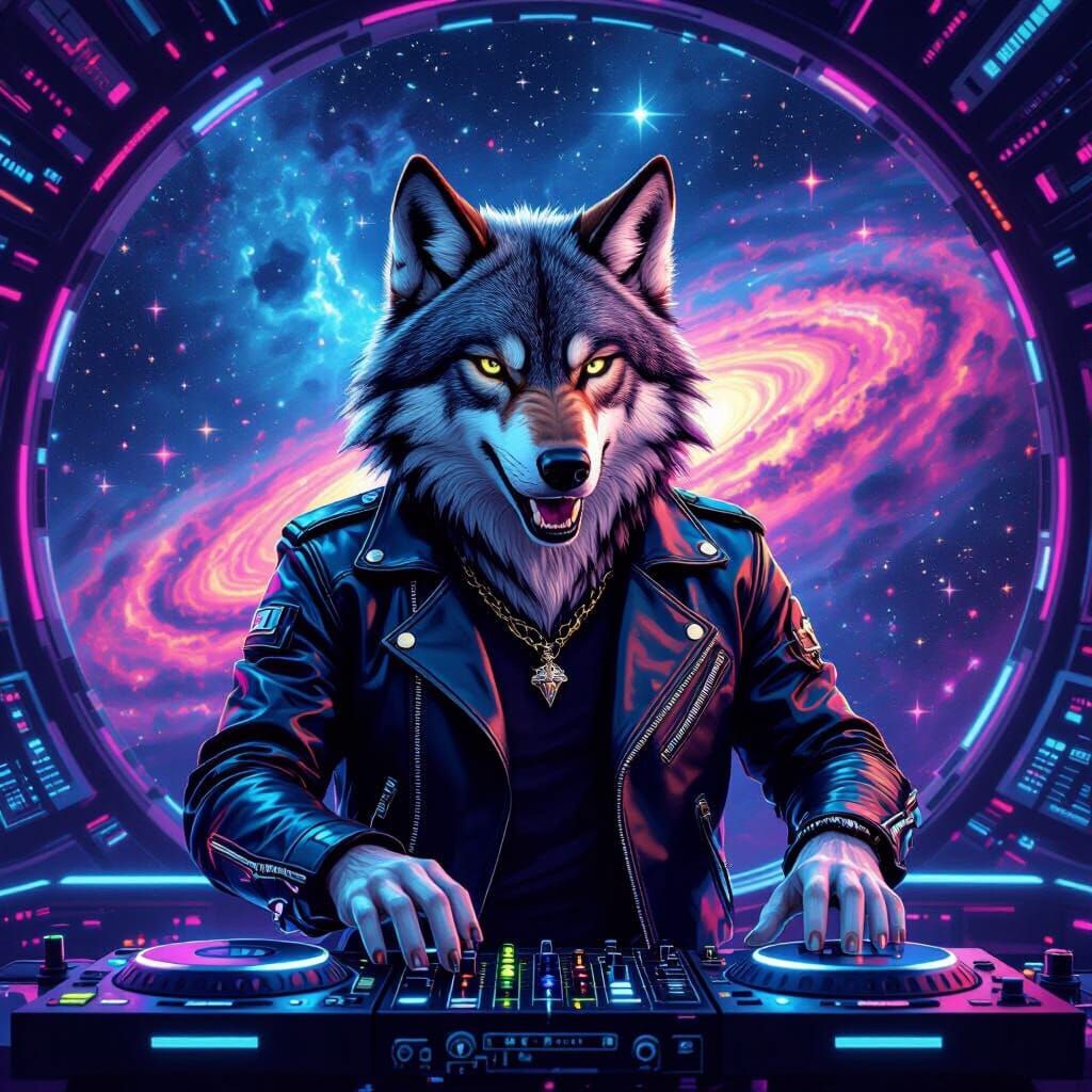 DJ Wolf in Space Station, Abstract Vector Fractal Style