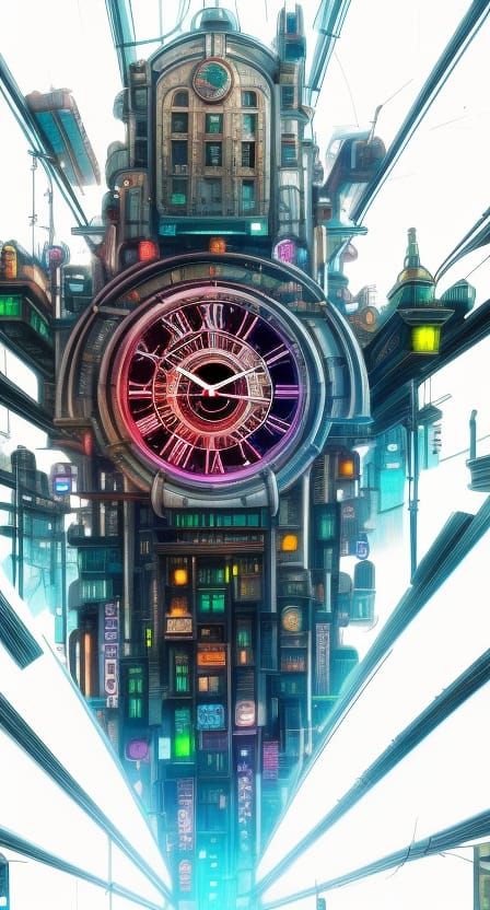 Cyberpunk Cityscape with Giant Clock in Biopunk Style