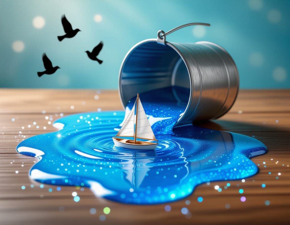 Surreal Blue Liquid Spill with Floating Sailboat