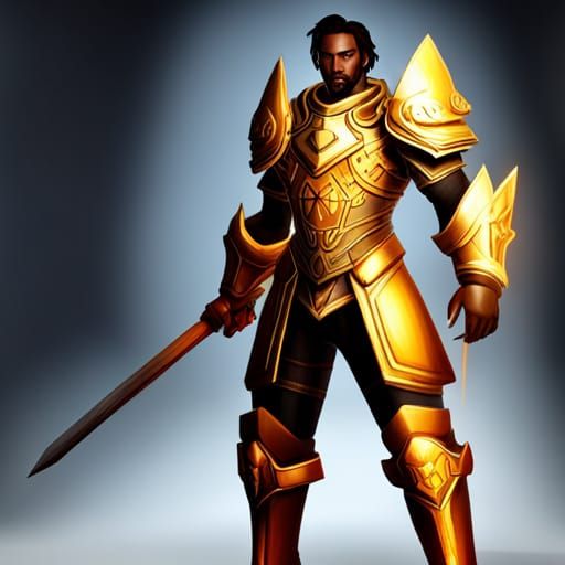 Golden Paladin in Divine Armor: Hyperrealistic Rendering