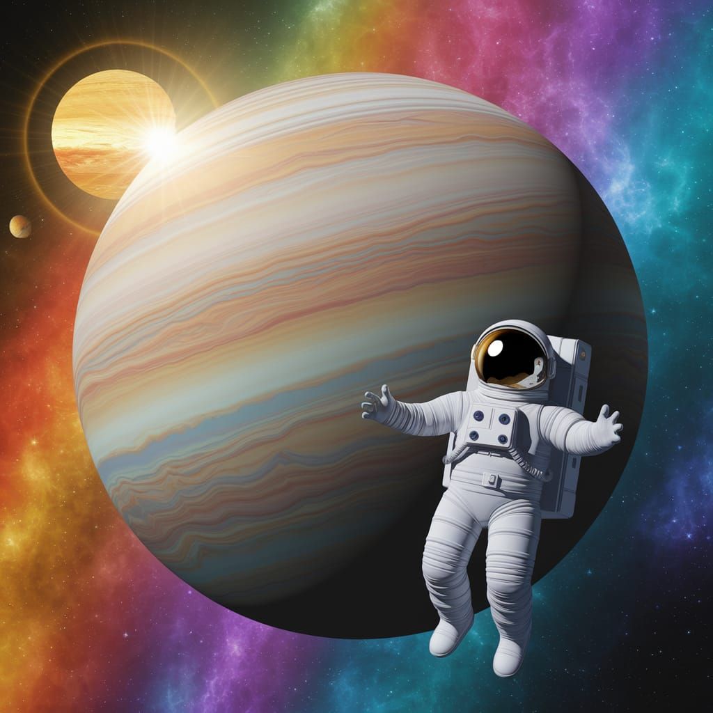 Astronaut Admires Vibrant Jupiter Planet in Colorful Galaxy