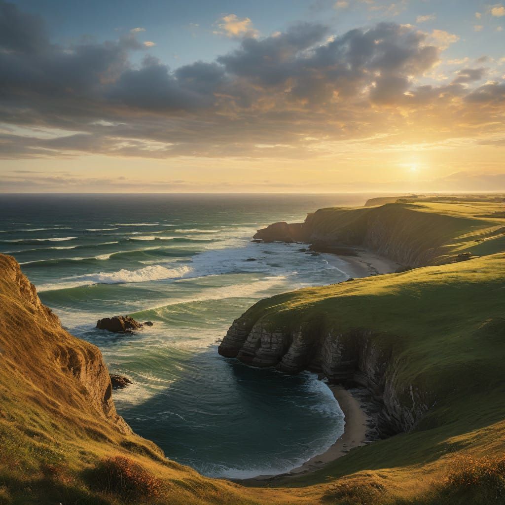 Sunset Seascape from Towered Hillside in Dreamy Landscape St...