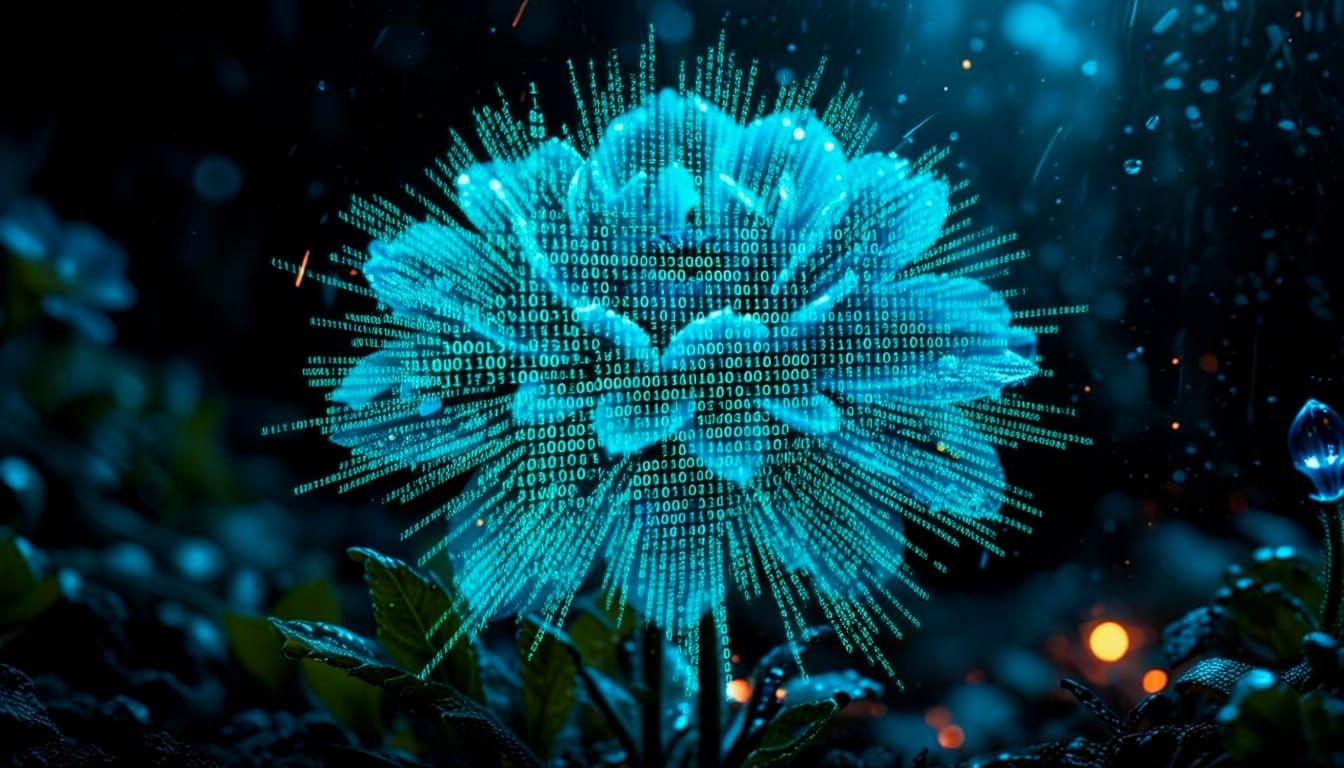 Surreal Blue Flame Flower With Cosmic Dew Drops