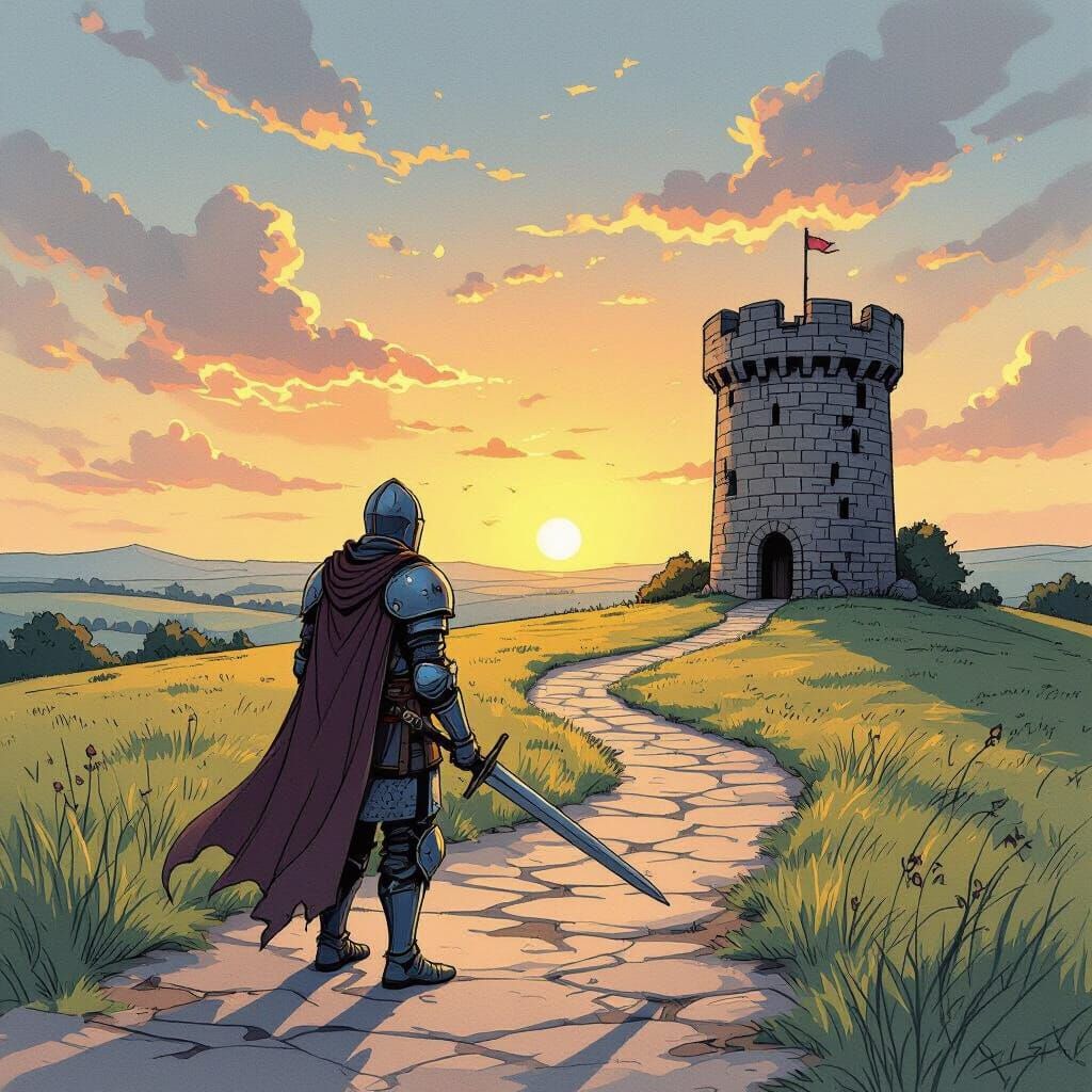 Knight on Path to Tower: Hand-Drawn Concept Art