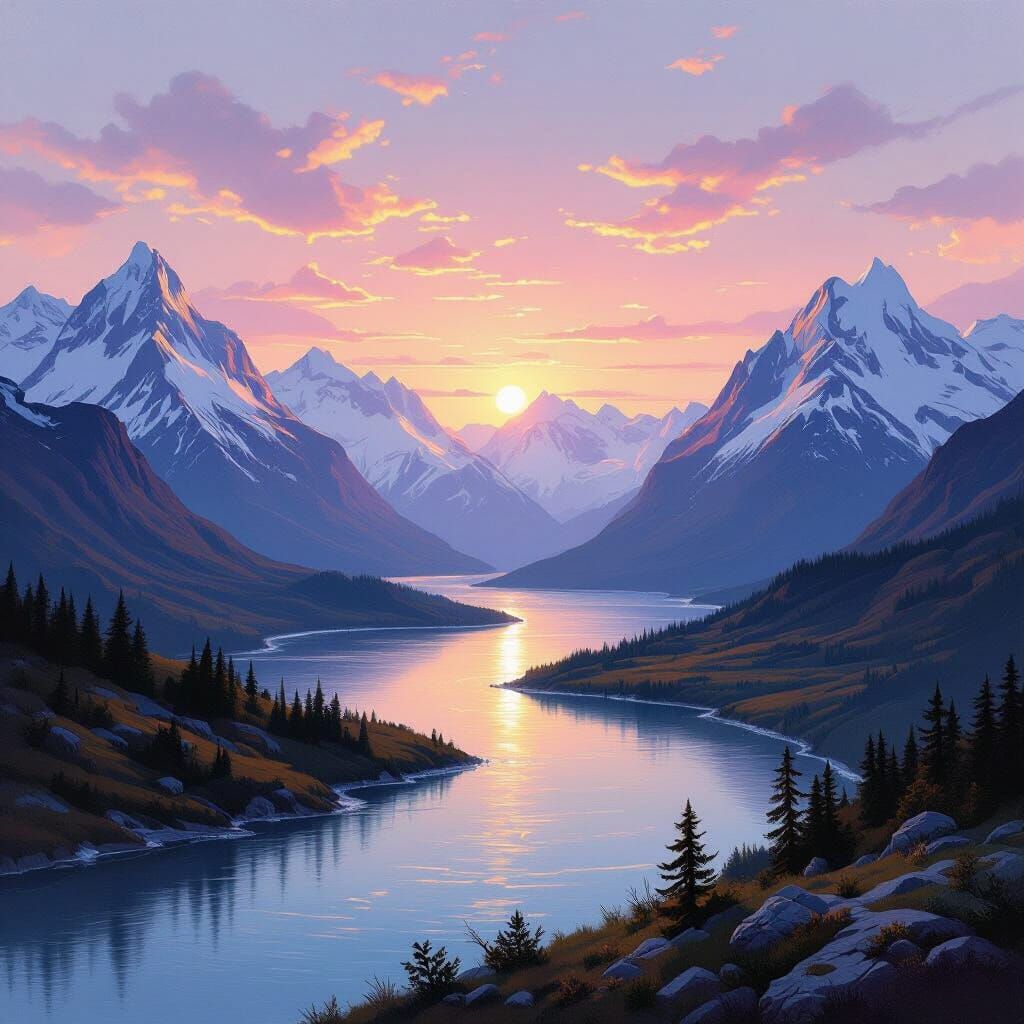 Majestic Mountain Rivers Flow to Serene Ocean at Dawn