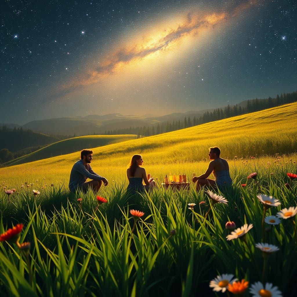 Vibrant Springtime Meadow Scenes with Friends Under Starry S...