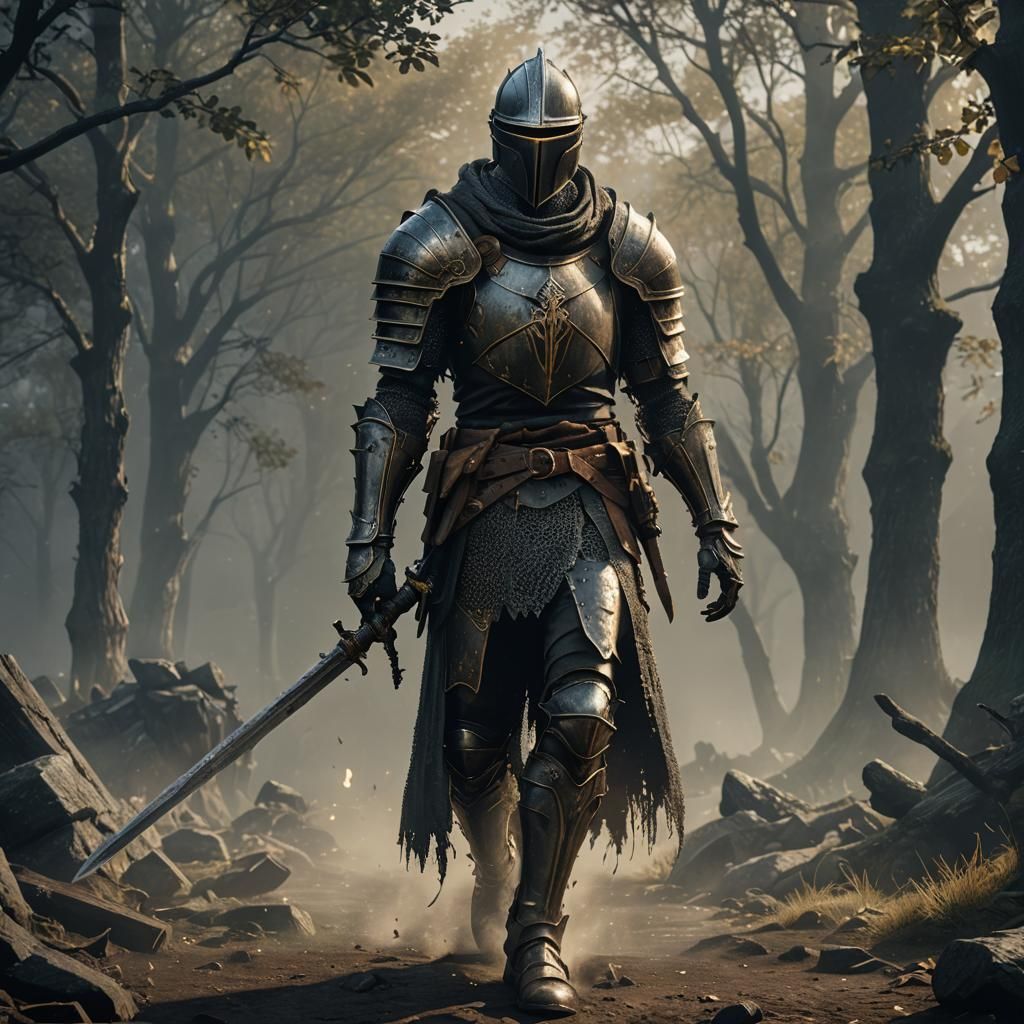 Dark Souls Knight in Mist: Photorealistic Cinematic Scene