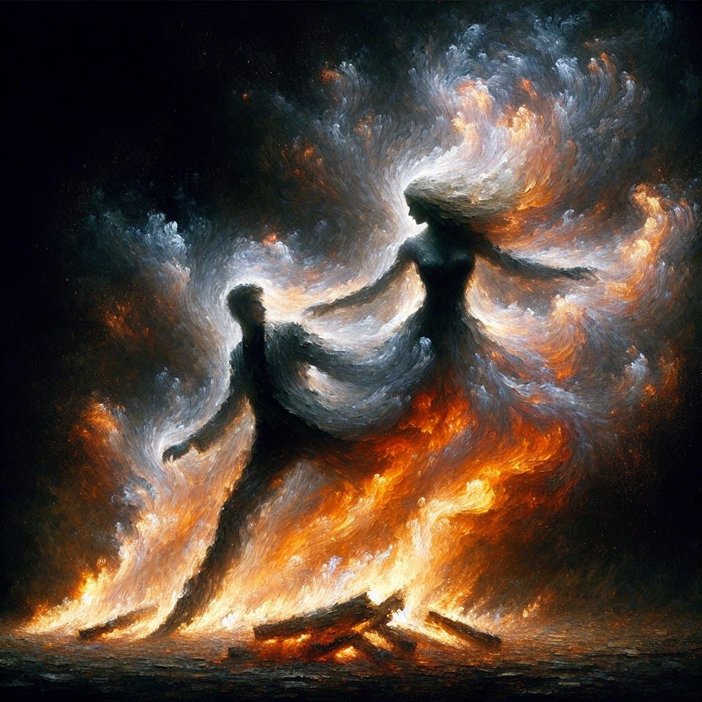 Bonfire Dance: A Couple in Fire and Smoke