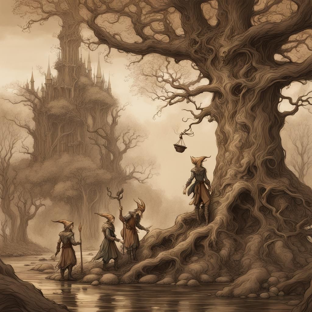 Elves Nurturing Ancient Tree as Detailed Matte Painting