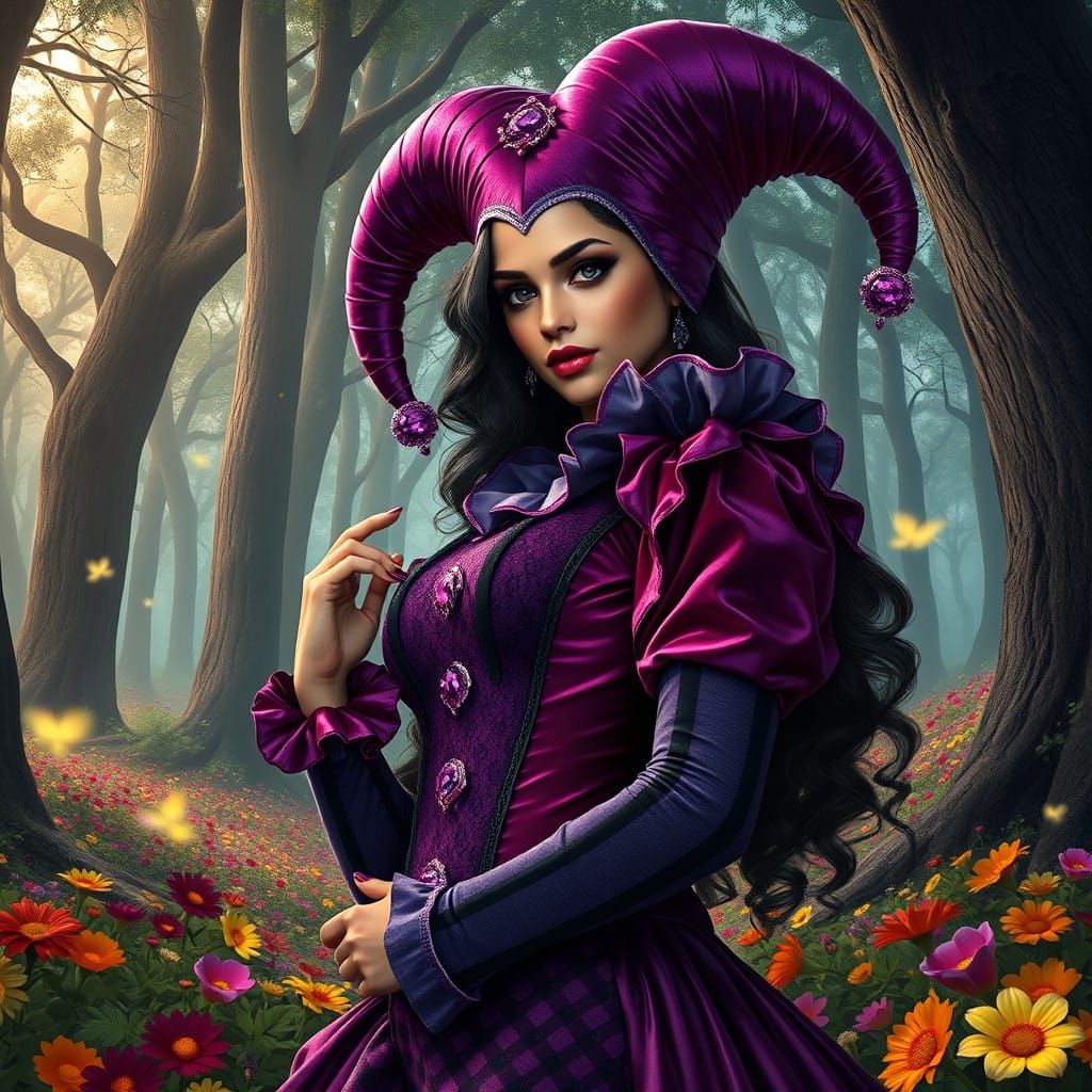 Mystical Latina Jester in Enchanted Woodland
