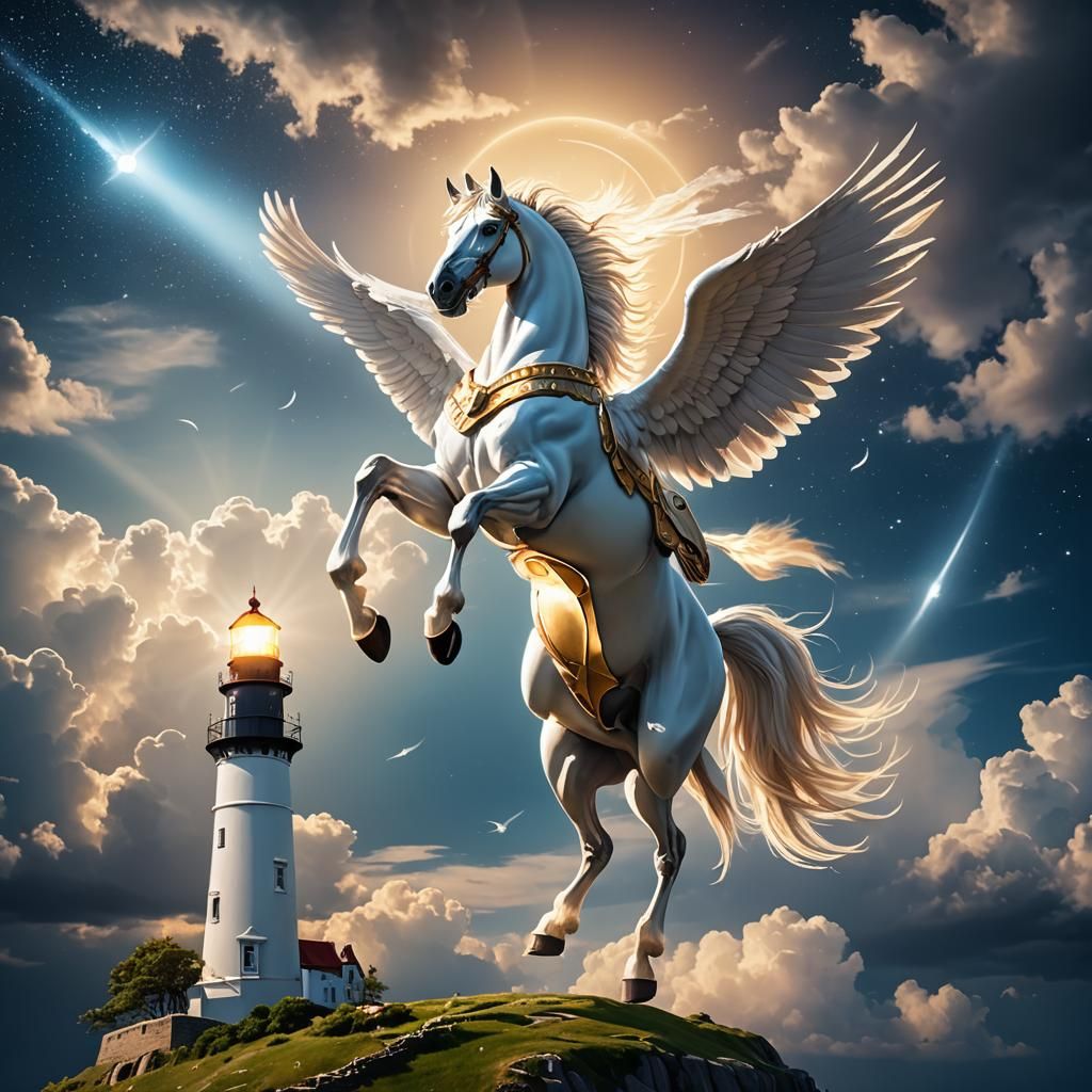 Pegasus Soaring Over Island Lighthouse in Divine Light