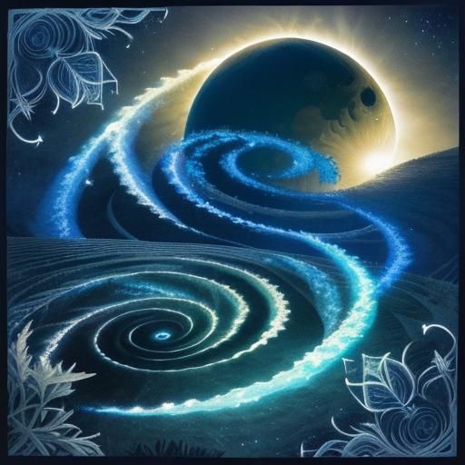 Ethereal Cyanotype Landscape with Geometric Art