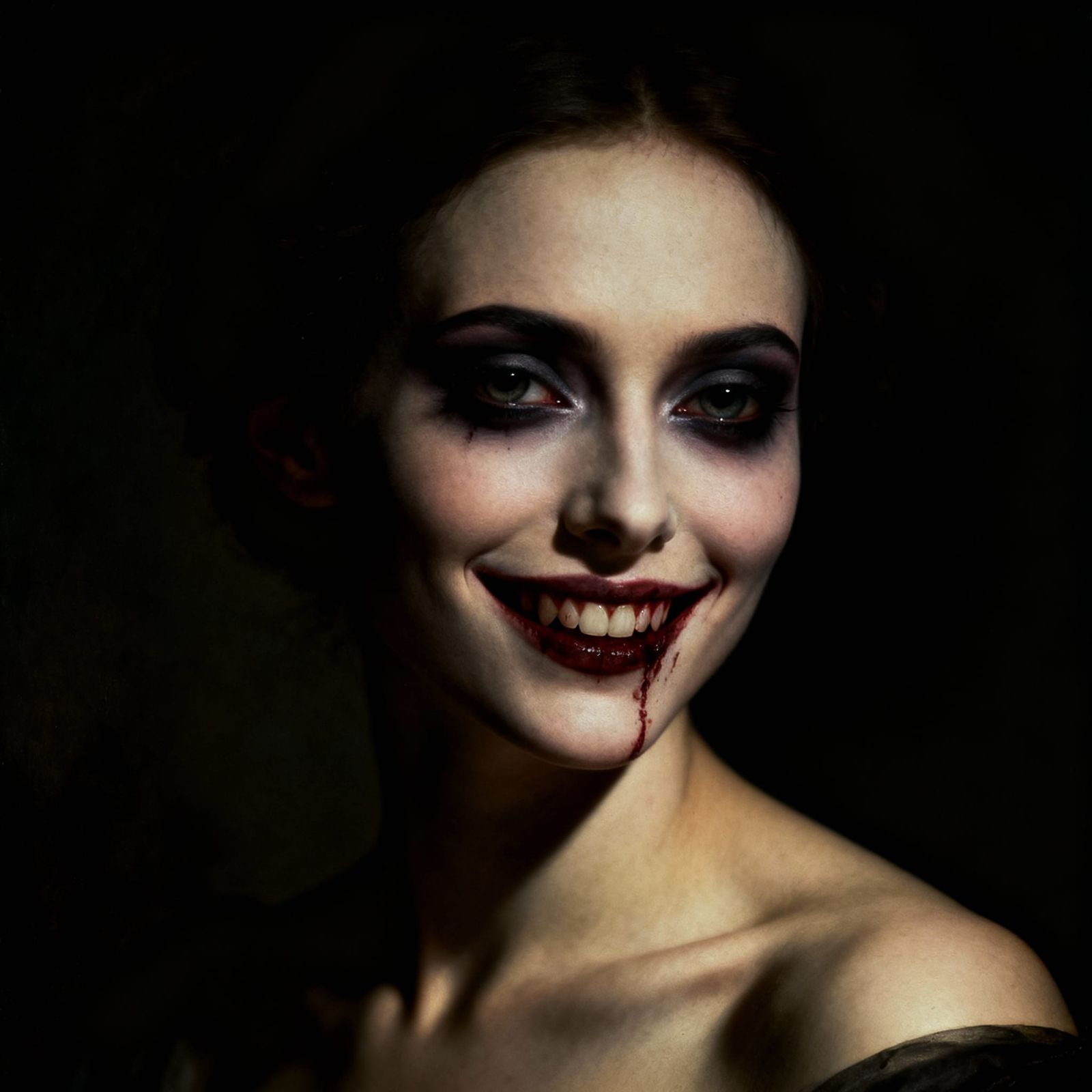 Haunting Portrait of a Woman with Bloodstained Grin