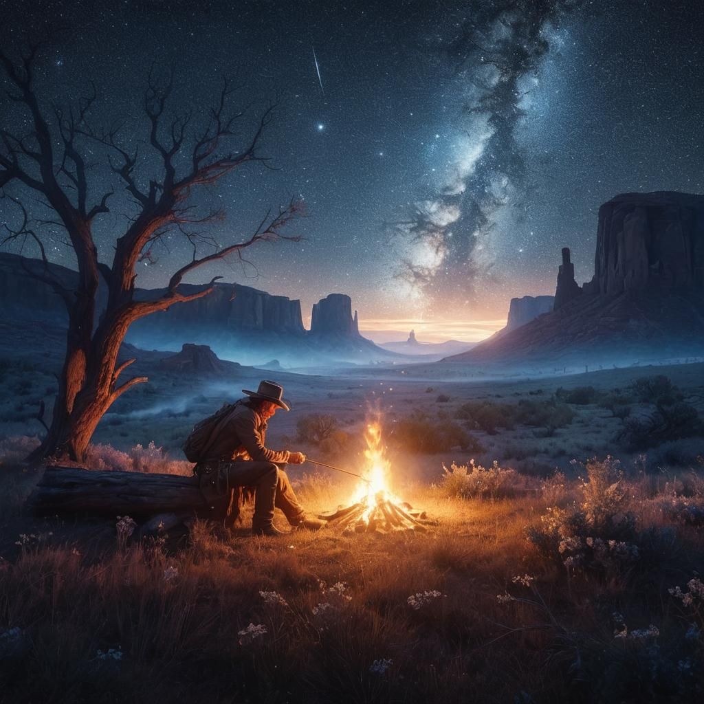 Cowboy Campfire Under Starry Sky in Matte Painting Style