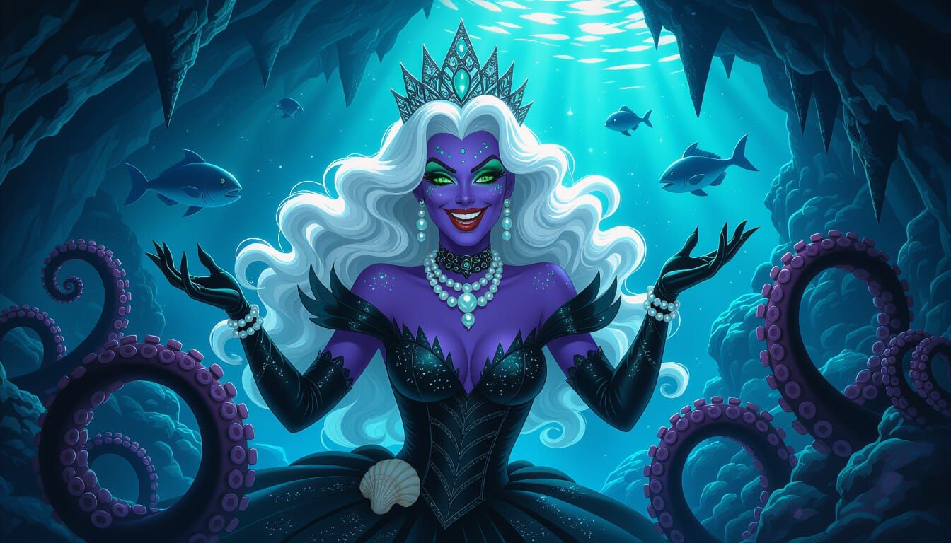 Hyperrealistic Ursula in Underwater Cyberpunk Cave