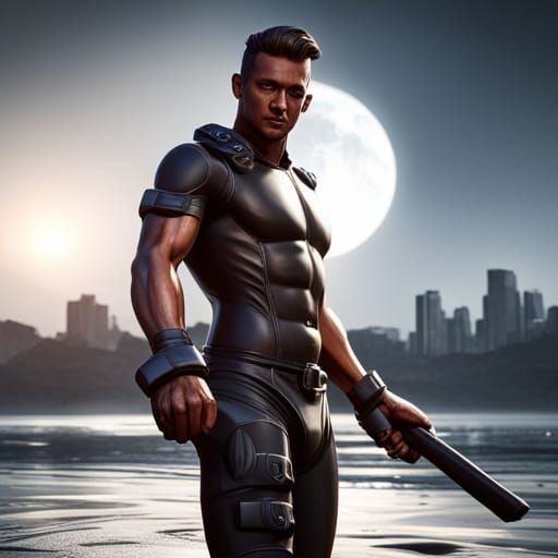 Muscular Latex Man in Police Harness: Detailed Matte Paintin...