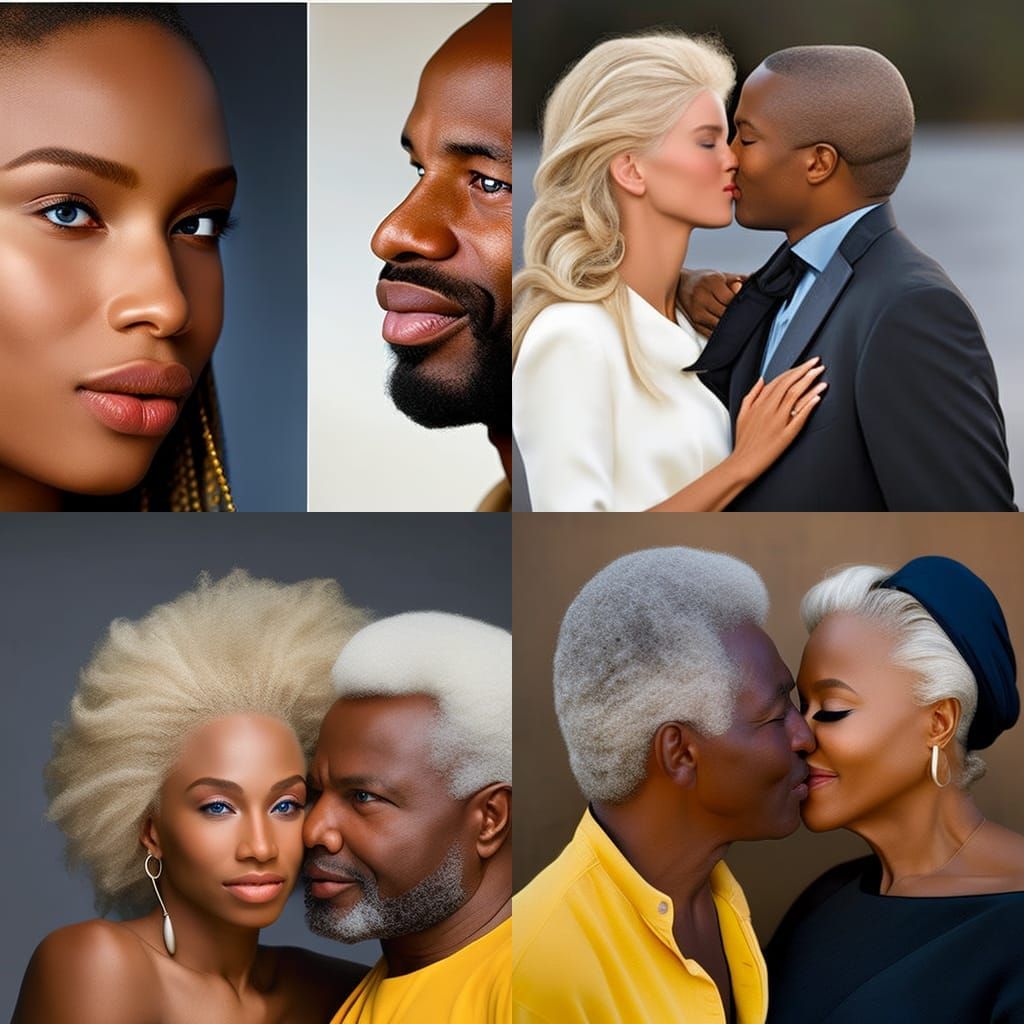 Photo-Realistic Portrait: African American Male Kissing Blon...