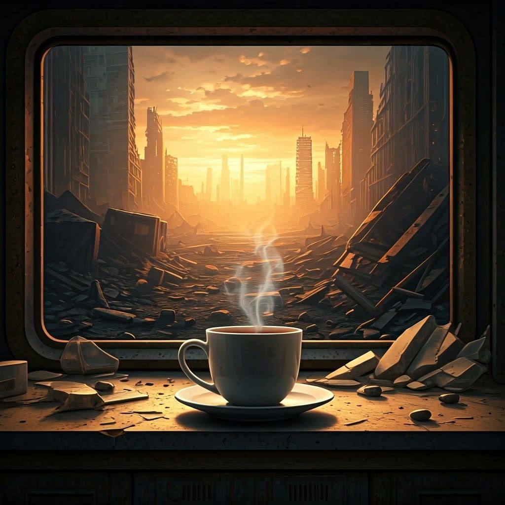 Lonely Coffee Cup in Post-Apocalyptic Ruins