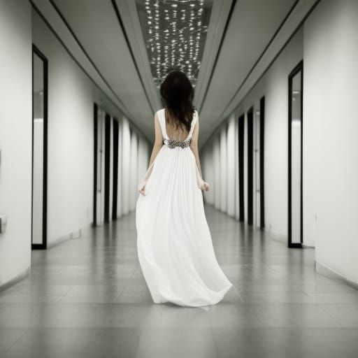 Woman in White Dress in Hall of Mirrors
