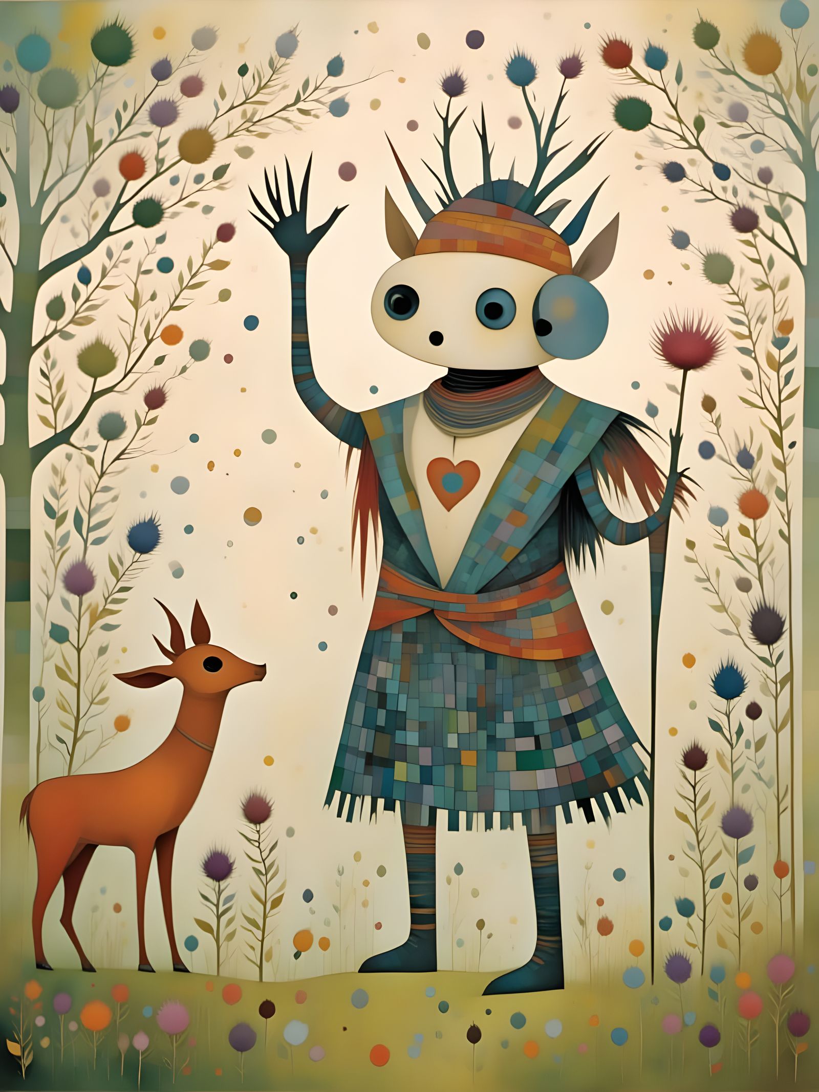 Whimsical Robot in Kilt Hiking with Deer