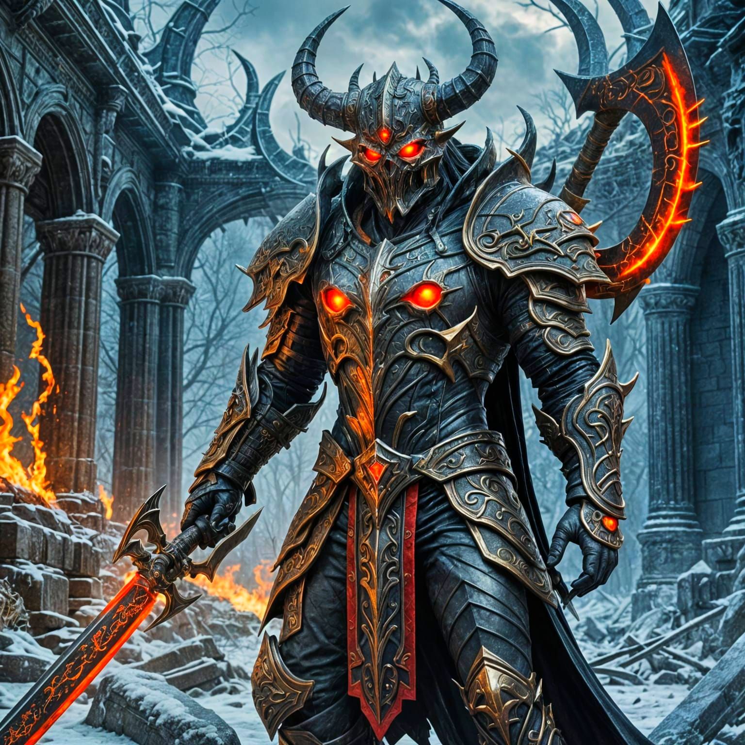 Ominous Demon with Scythe in Frozen Ruins
