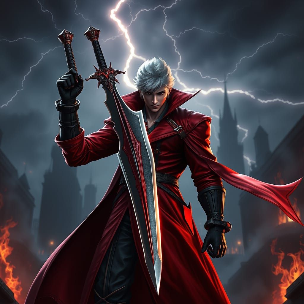 Gothic Hero Dante Stands Unyielding in Dark Cityscape