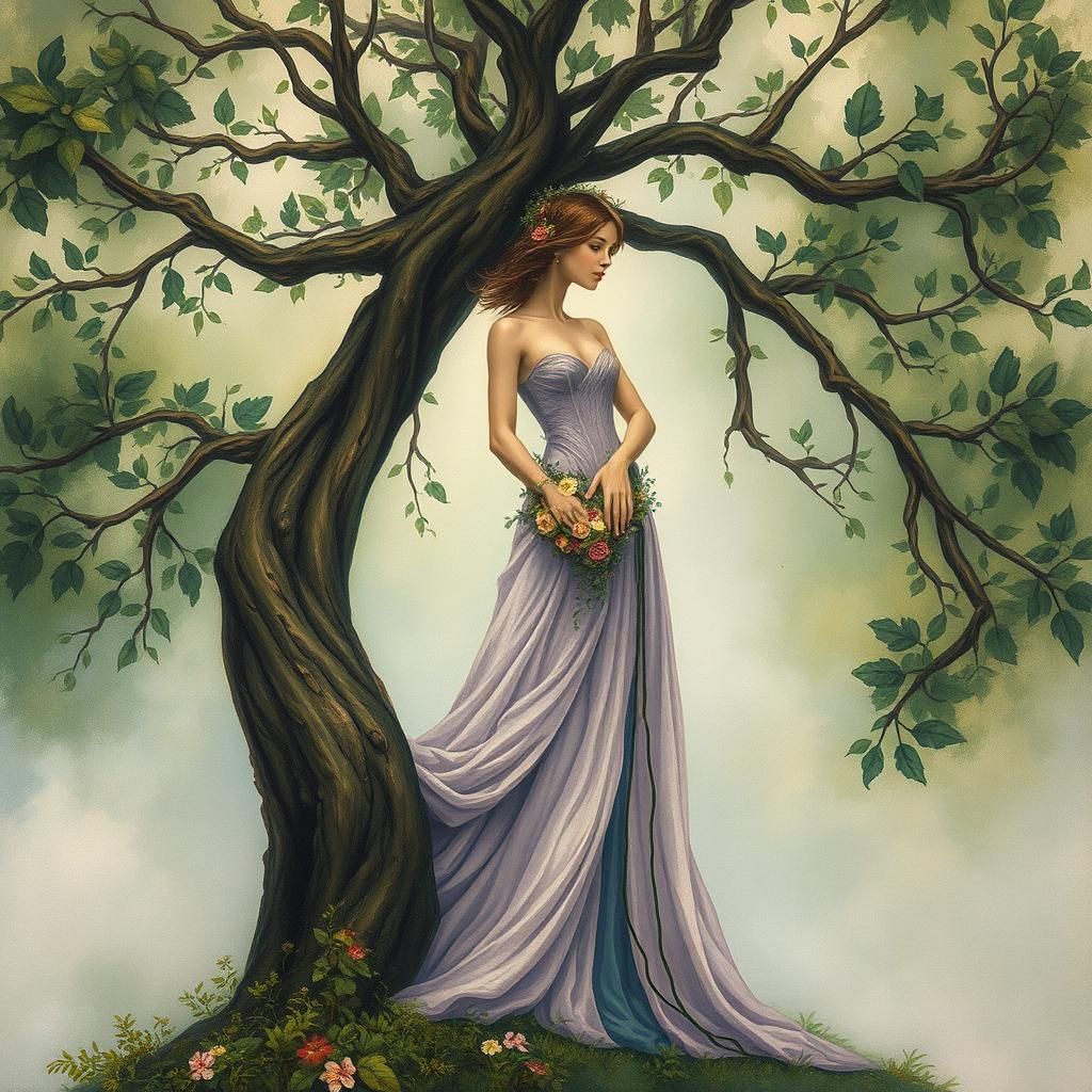 Mystical Tree Woman in Lush Ethereal Landscape