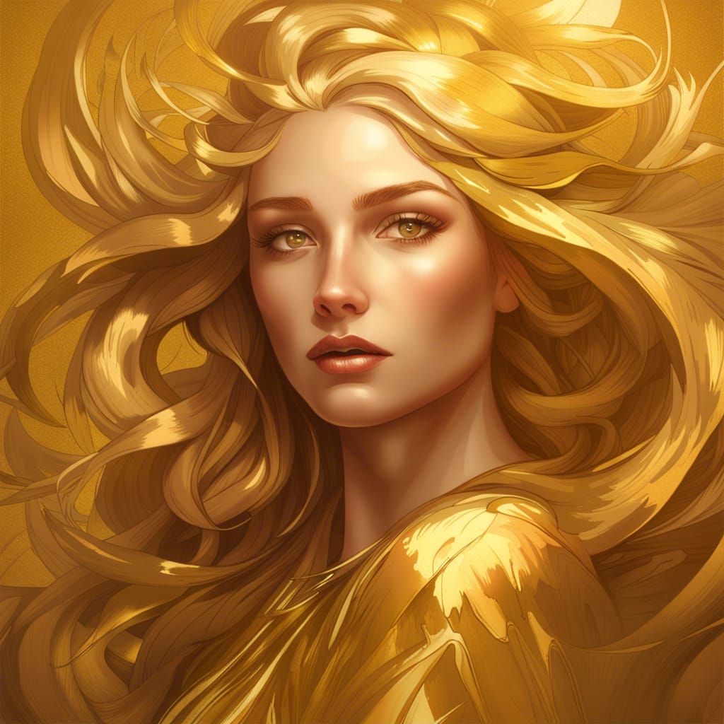 A beautiful gold-touched woman, with golden hair, gold eyes, golden skin, long hair made of gold, gilded