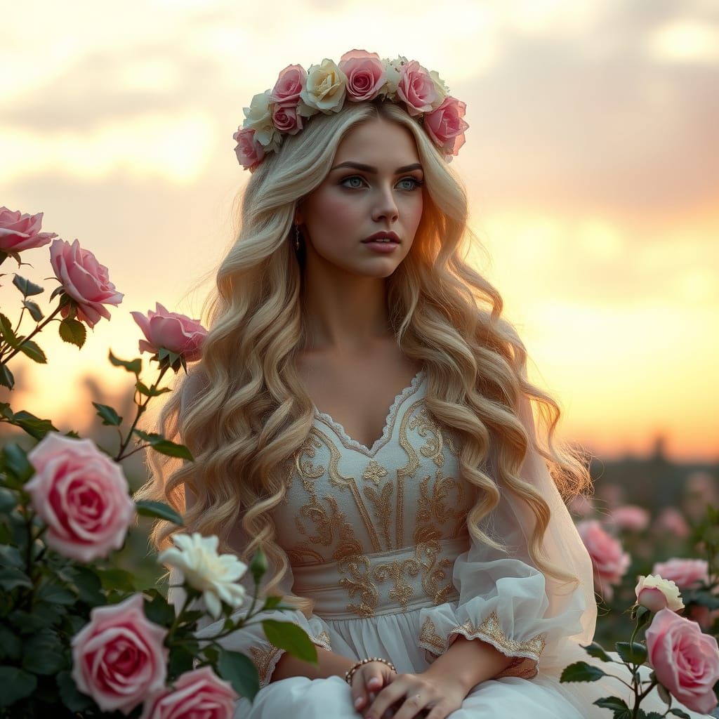 Mother in a Flower Crown Amidst Blooming Roses in Sunset