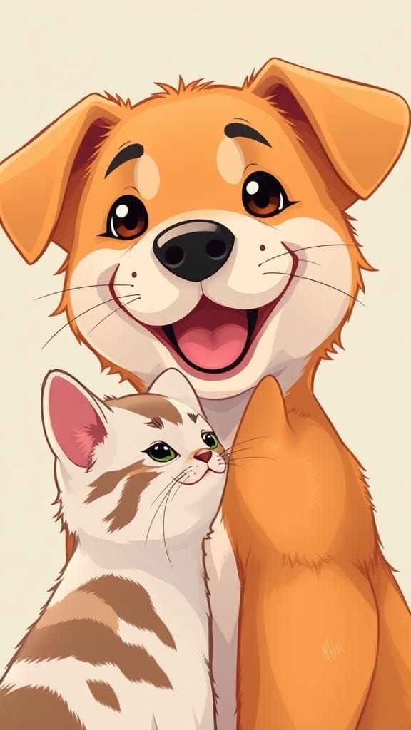Cute Dog and Cat Friends in Anime Style