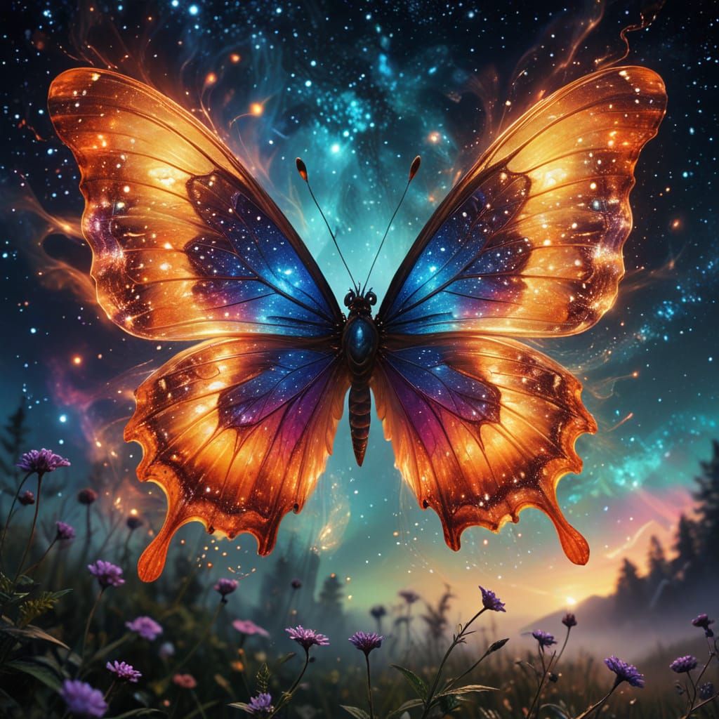 Surreal Glass Butterfly Soars in a Dreamy Cosmic Meadow