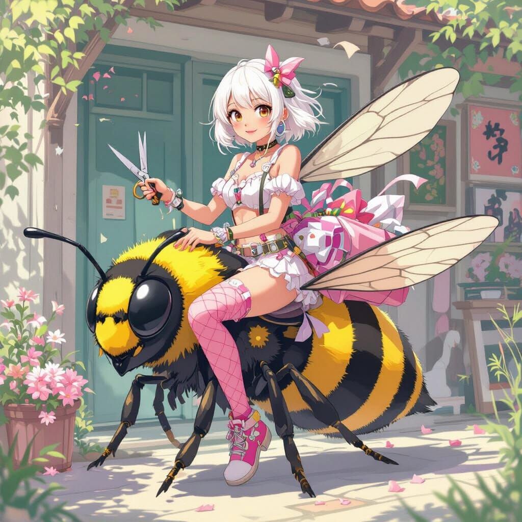 Woman Rides Bumblebee in Kawaii Anime Style