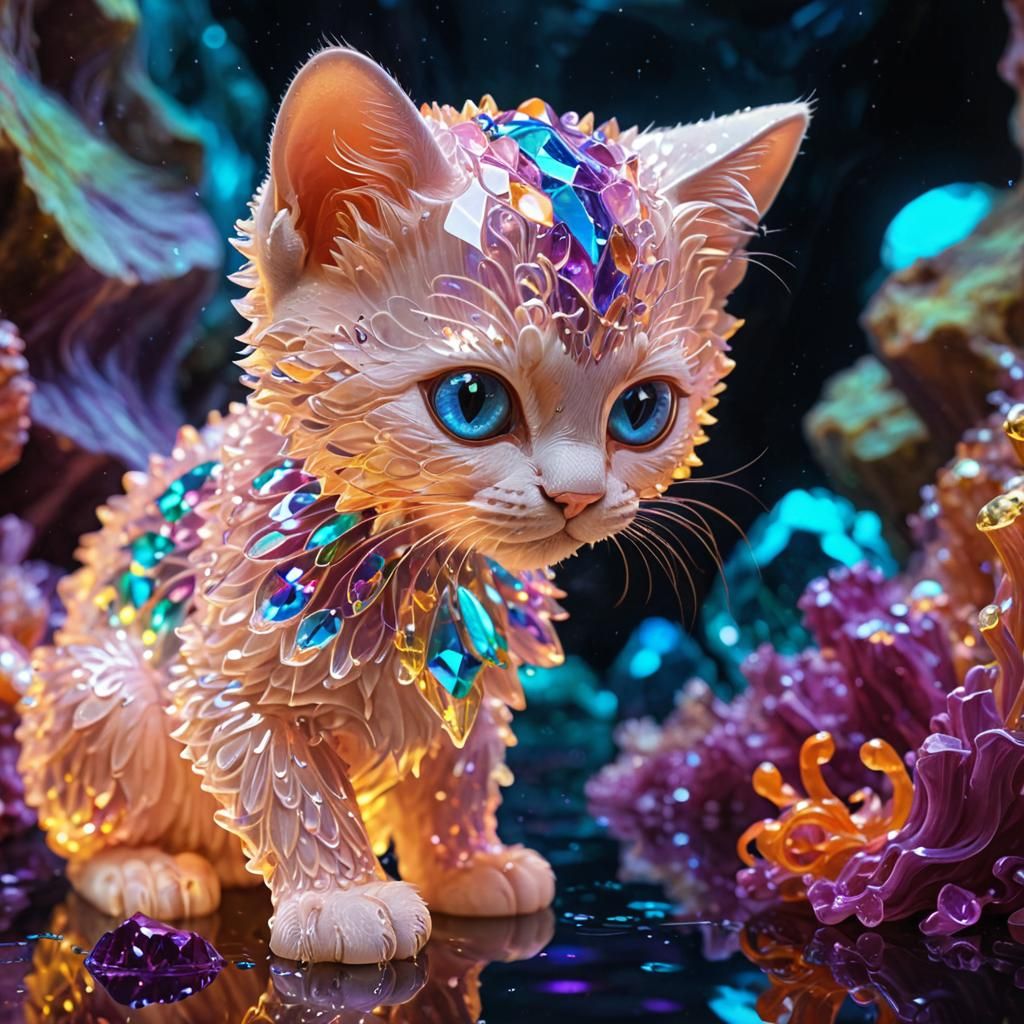 Crystal Kitten in Prismatic Cave, Shimmering Art
