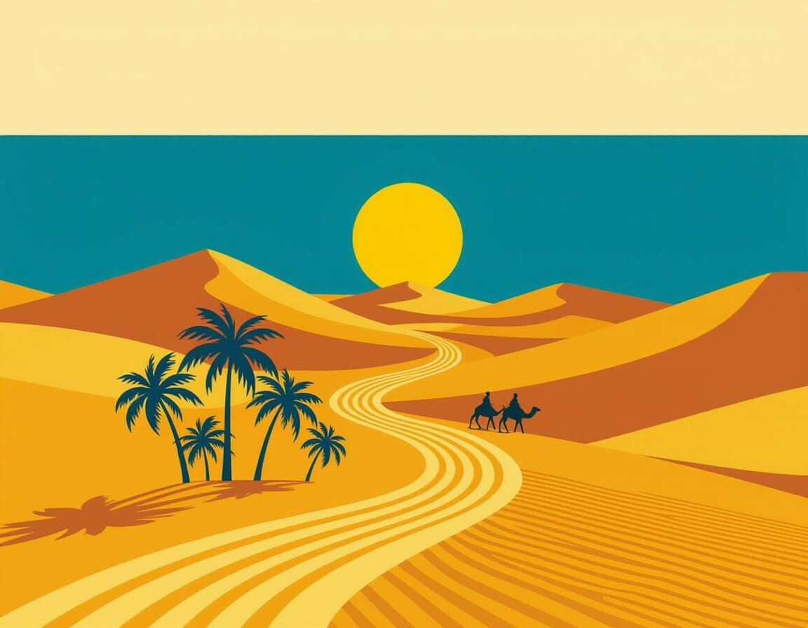 Desert Oasis Flag Design with Camel Caravan