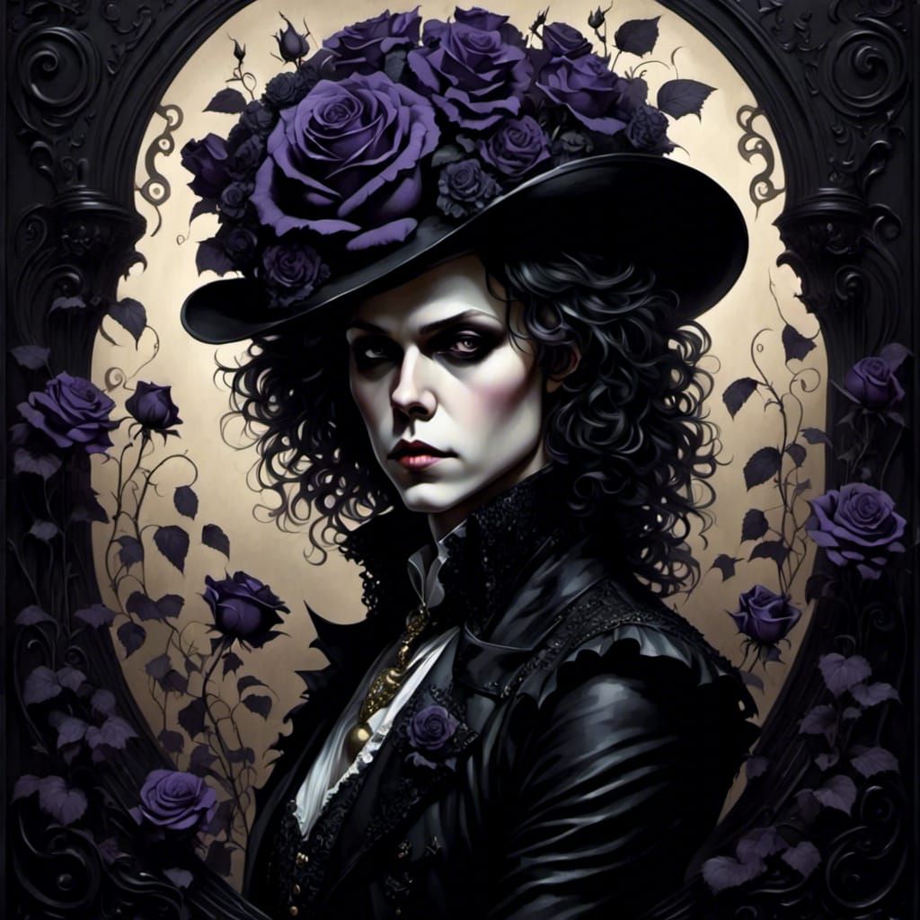 Vase of Violets and Black Roses