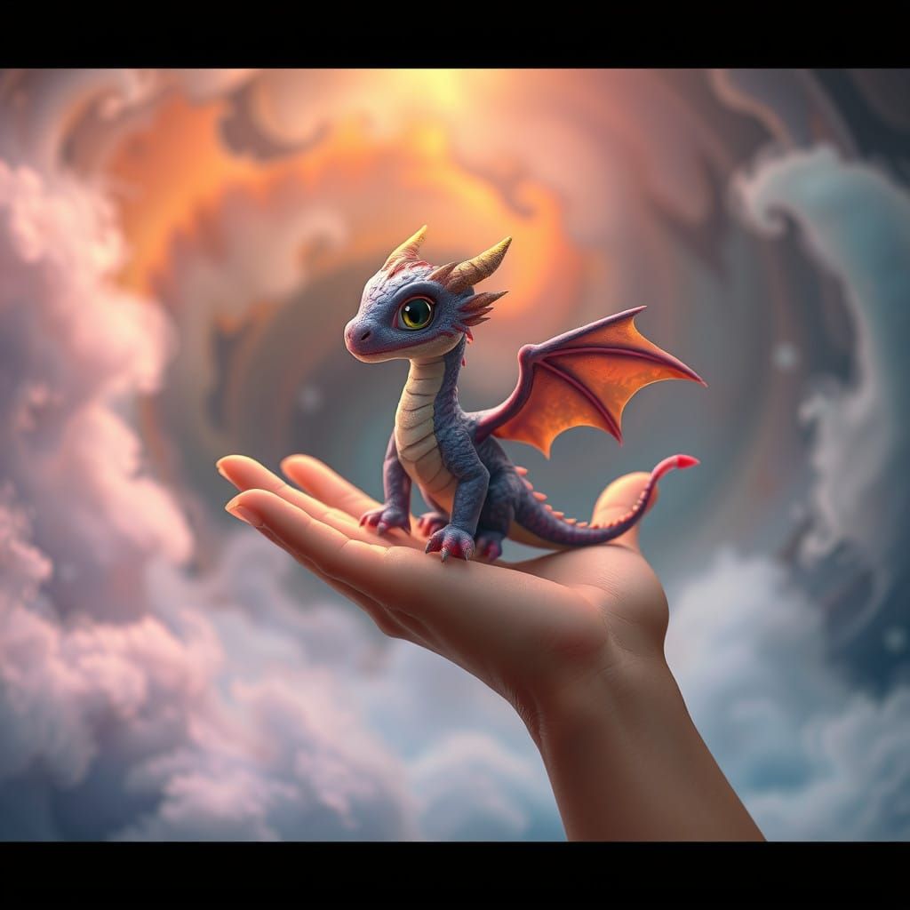 Miniature Dragon Sits on a Gentle Hand Amidst Whimsical Vort...