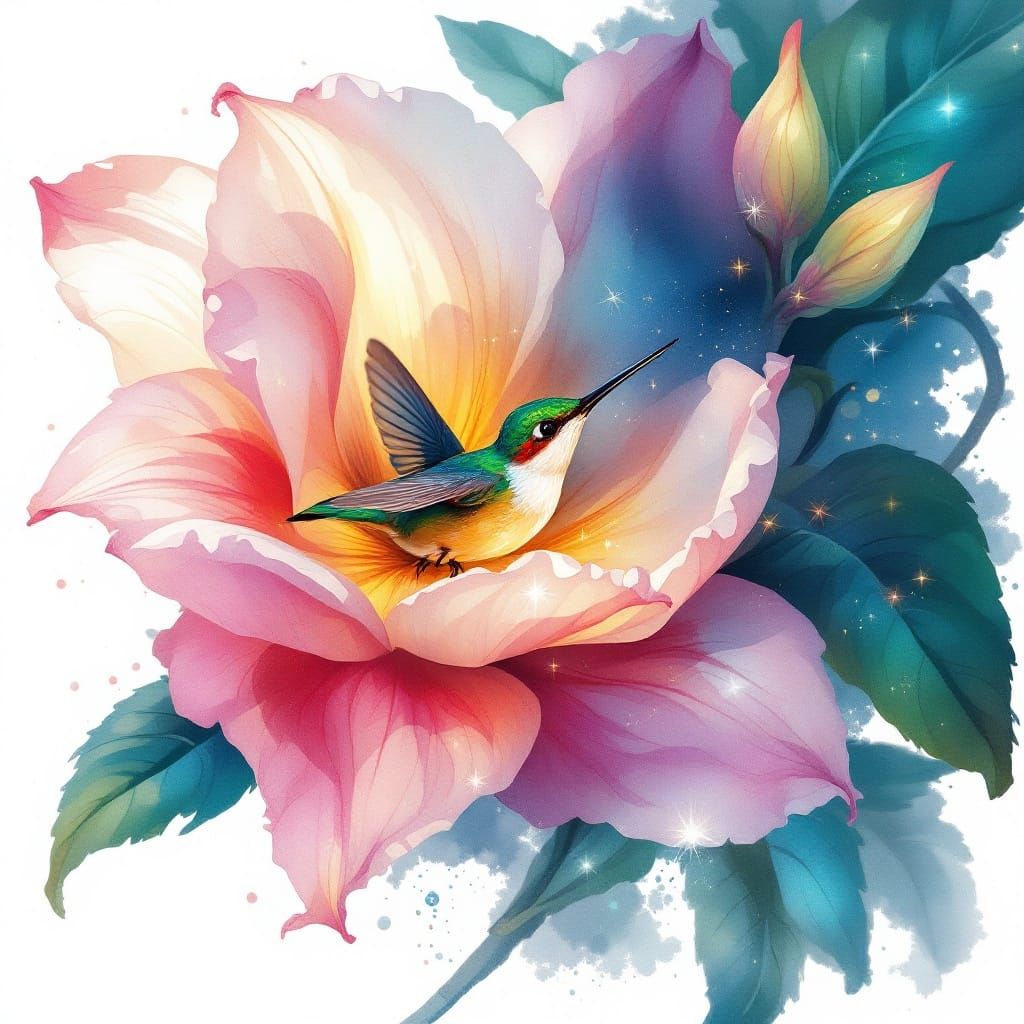 Vibrant Tropical Hummingbird Sanctuary in Digital Watercolor
