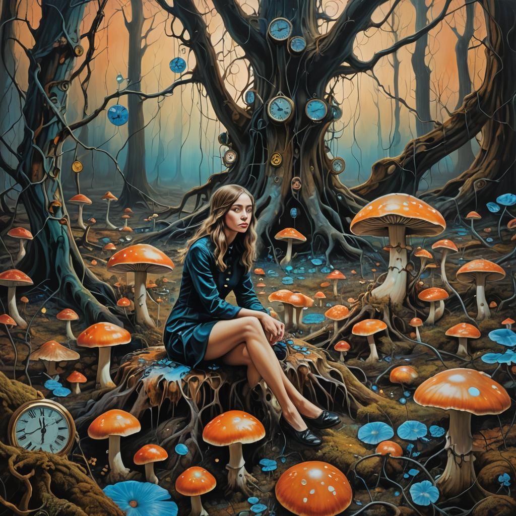 Surreal Woman in Dreamlike Forest, Triadic Color Oil Paintin...