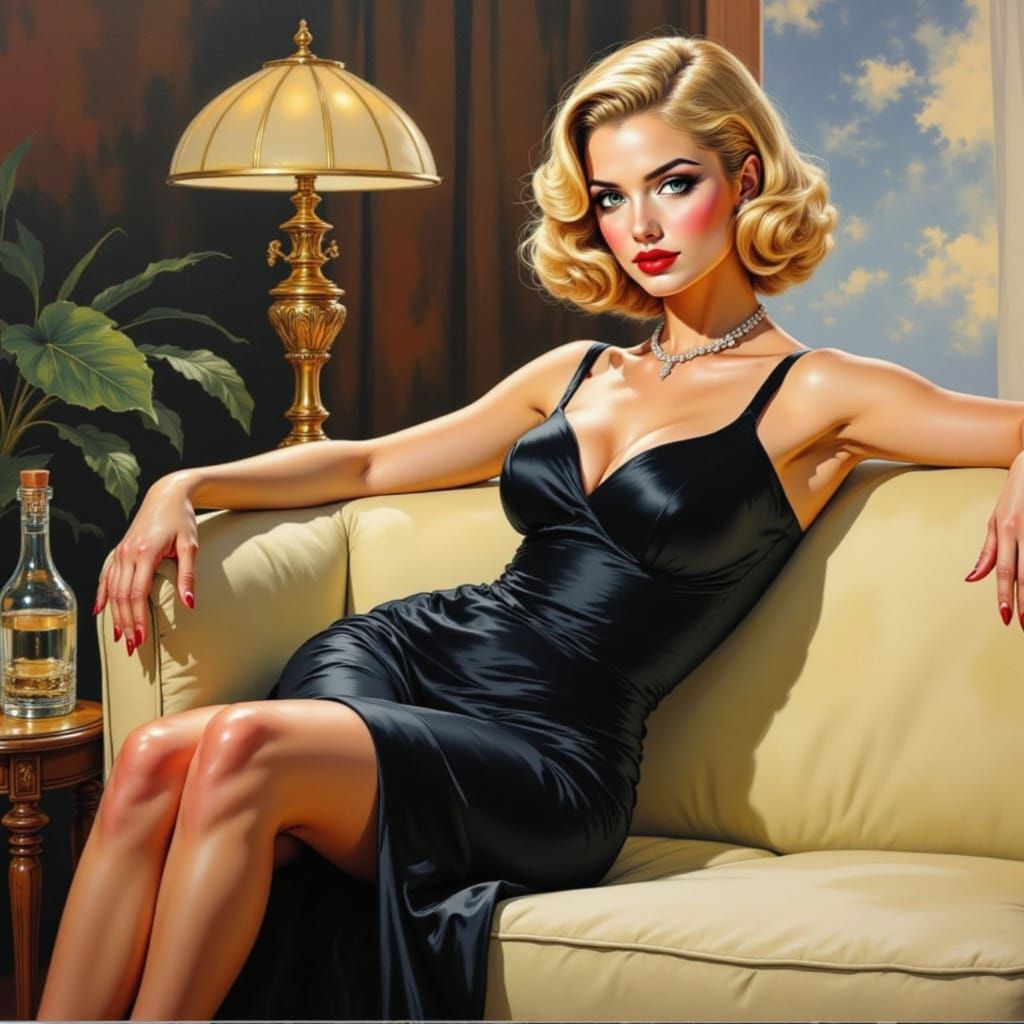 Blond Woman in Black Gown: Impressionistic Oil Painting