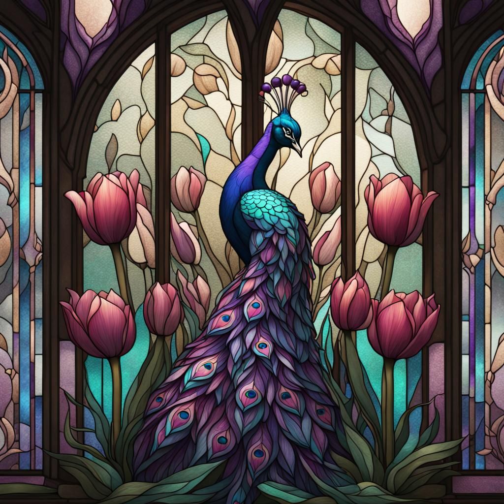 Peacock Stained Glass Tulips in Teal and Purple