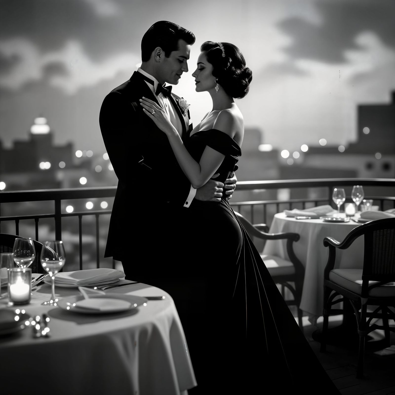 Romantic Couple in Moody 1930s Film Scene