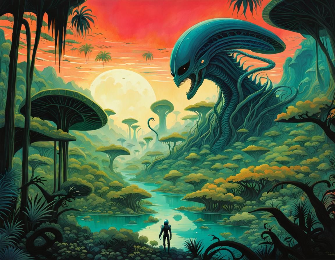 Xenomorph Queen in Tropical Alien Landscape
