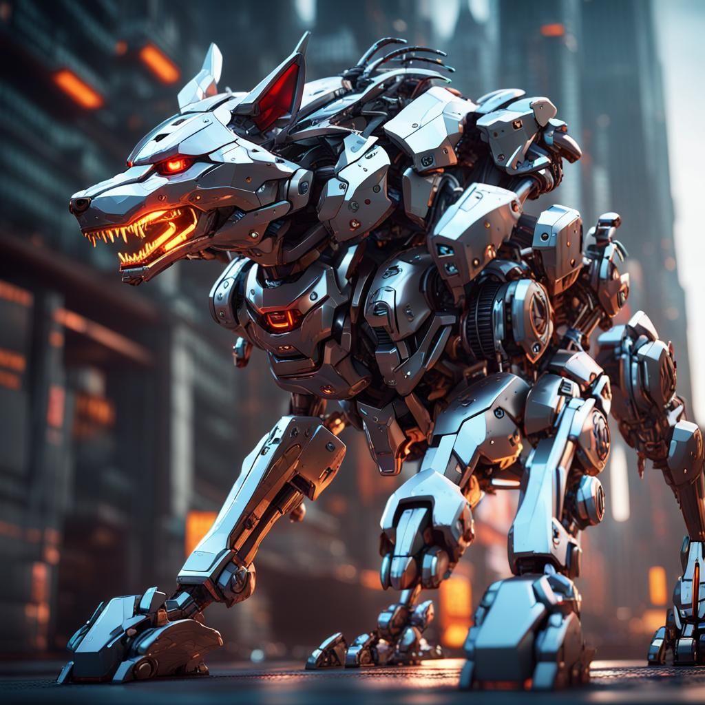 Mecha Wolf with Dragon Girl in Anime Style