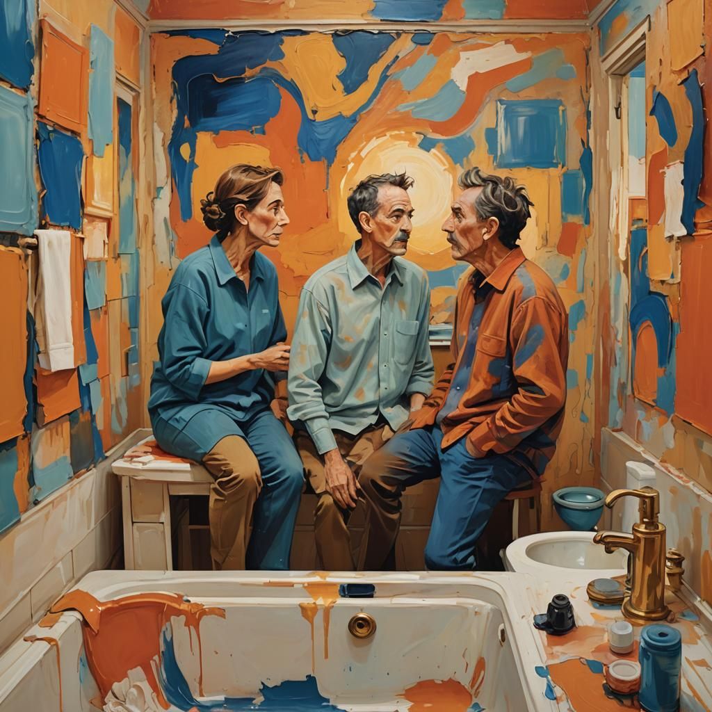 Anxious Parents in Messy Bathroom: Abstract Expressionism