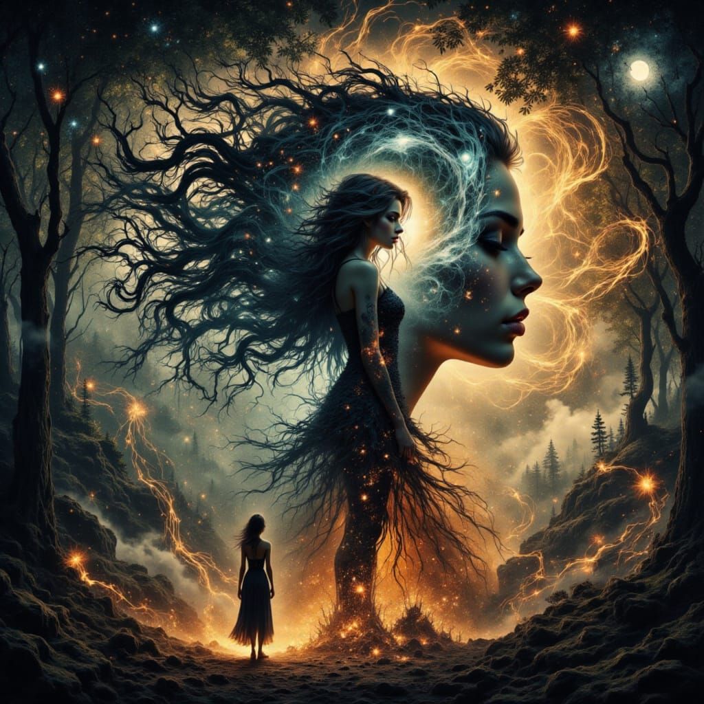 Dreamy Forest Goddess in Surrealist Double Exposure
