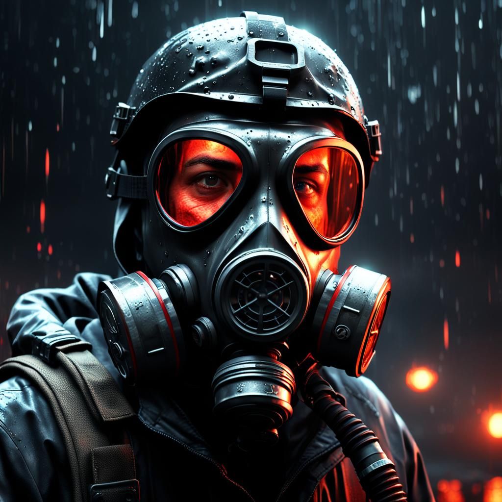 Gas Mask in Dark Environment with Red Lighting