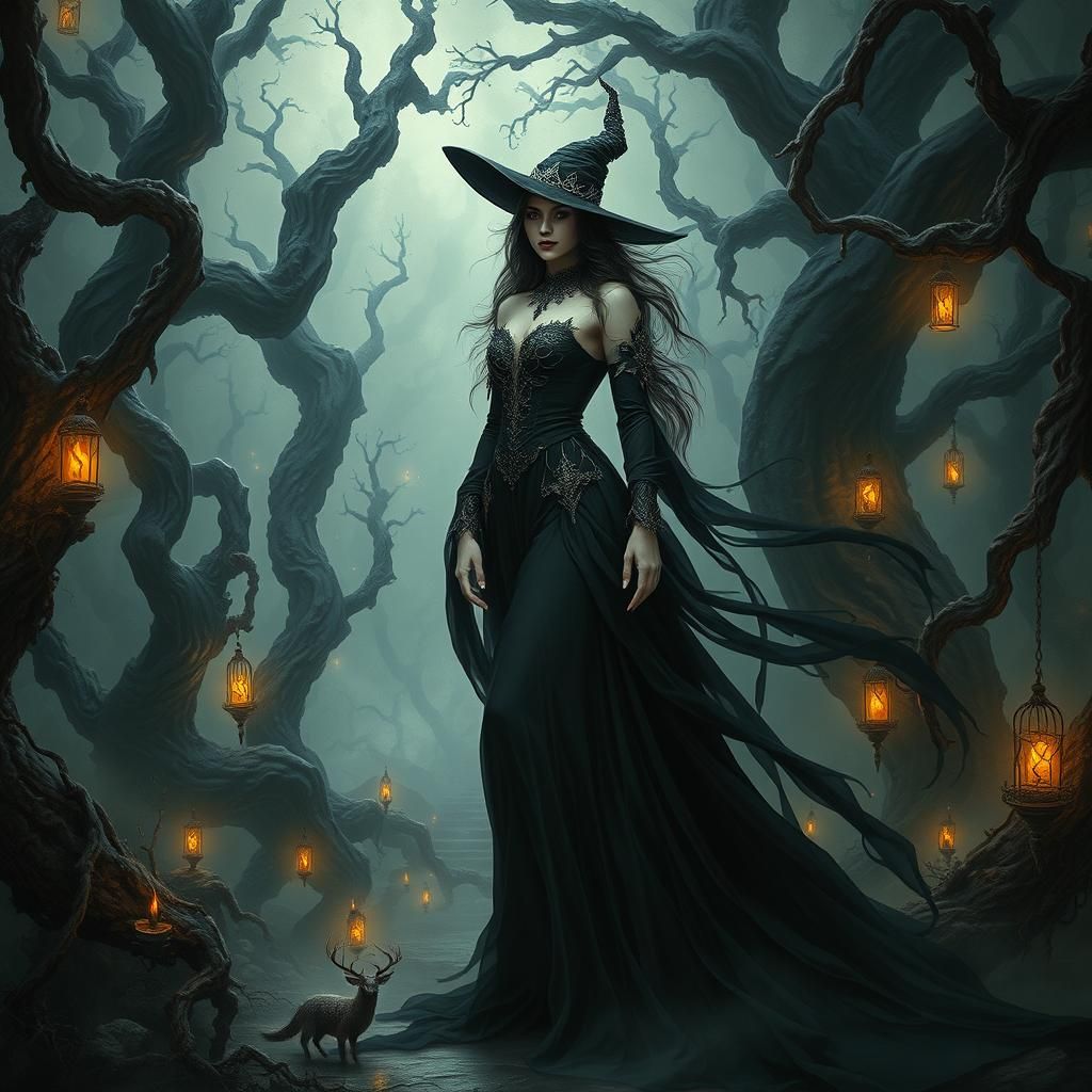 Beautiful witch, Dark Fantasy background, SciFi mood, intric...