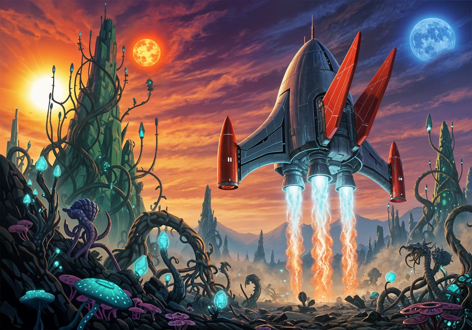 Futuristic Rocket Launch on Alien Planet