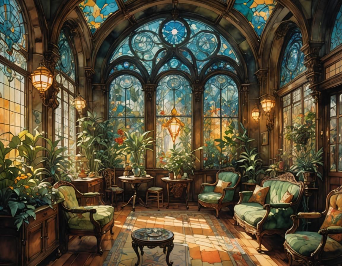 Art Nouveau Salon with Stained Glass in Watercolor