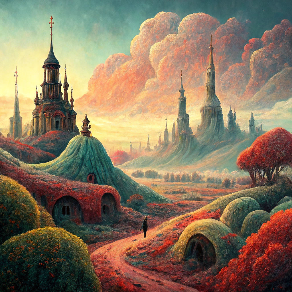 Dreamlike Landscape with Spires and Melting Architecture